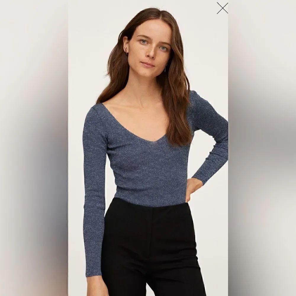 Mango blue and silver Shiny Textured ribbed knit sweatshirt. NWT XL